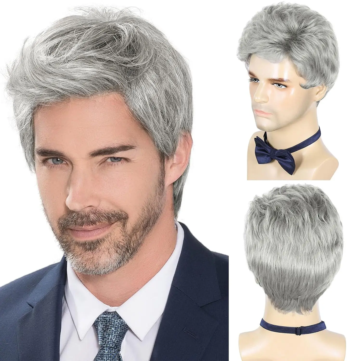 Perruque Synthétique Courte Gris Argenté pour Homme, Cheveux Naturels de Cosplay d'Halloween, Degré de Chaleur