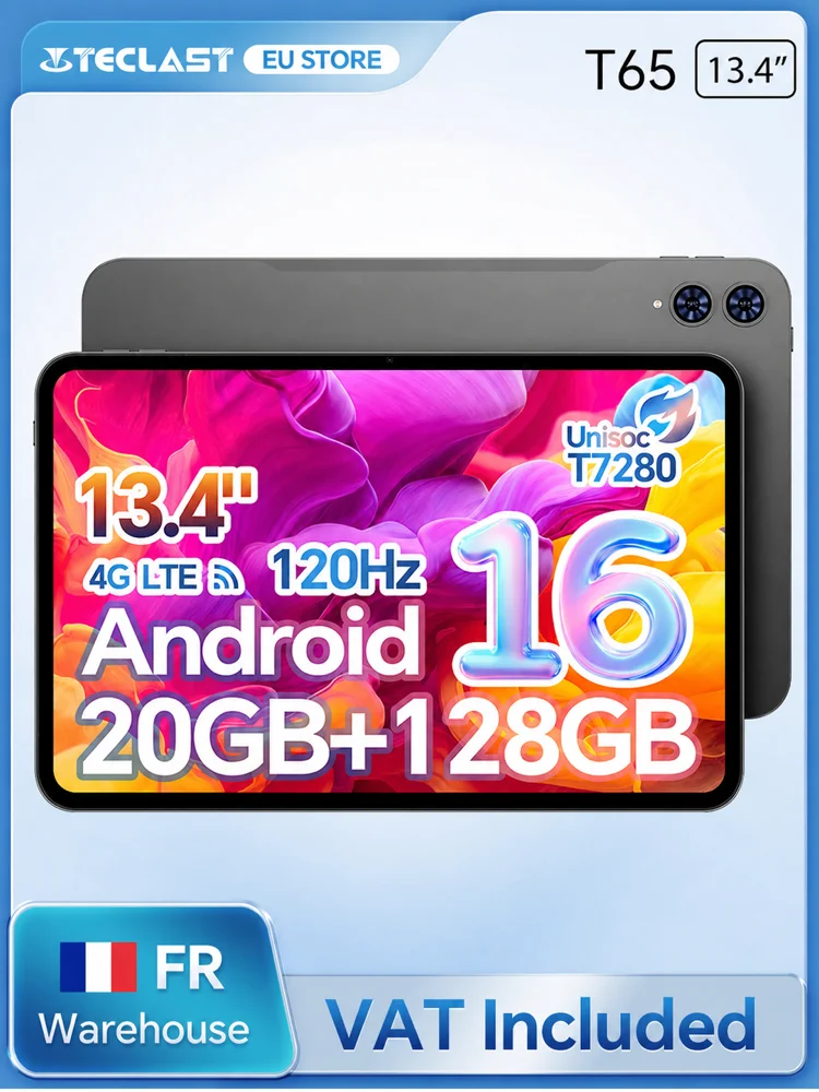 Teclast T65 Android-Tablet 16 13,4-Zoll-120-Hz-Bildschirm T7280 Octa-Core Max. 20 GB RAM 128 GB ROM (bis zu 1 TB) 4G LTE 8000 mAh Widevine L1