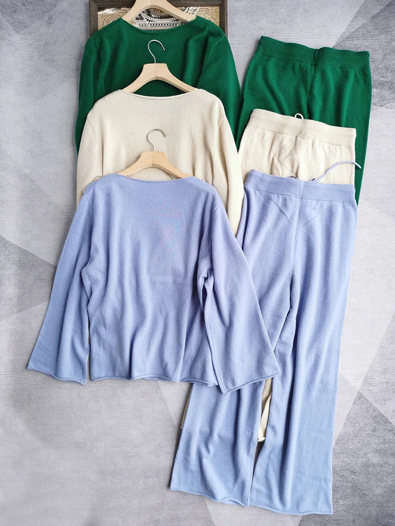 Casual cashmere knitted pants suit