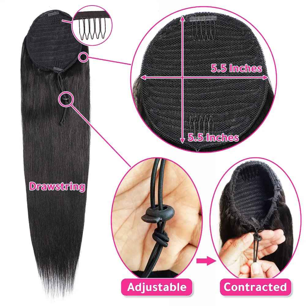 Extensiones de cabello humano con cola de caballo con cordón para mujer, cordón recto Natural de 22, 24 y 26 pulgadas, extensión de cola de caballo de cabello humano