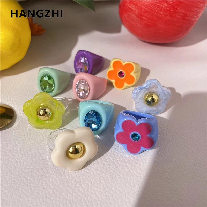 2022 New Sweet Multicolor Resin Oil Drip Ring for Women Geometric Oval Flowers Beads Rhinestones Ring Cute Jewelry HangZhi