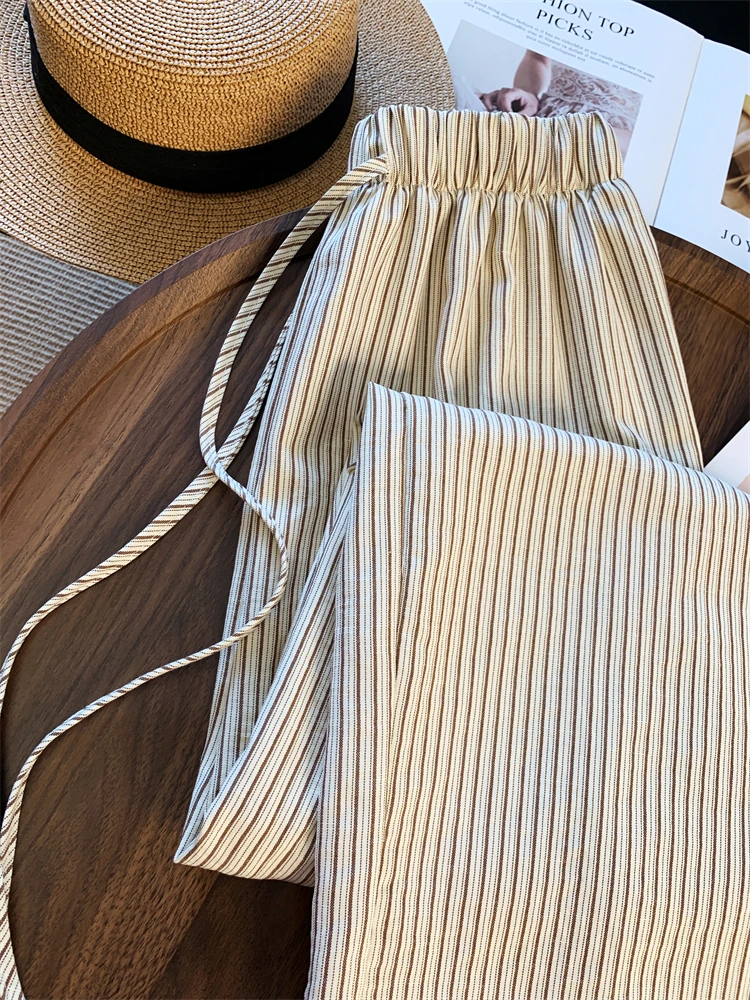 Dames groen gestreept katoen met veters, elastische taille, wijde pijpen, broek 2025, zomer, nieuwe dagelijkse hoge taille, losse casual broek