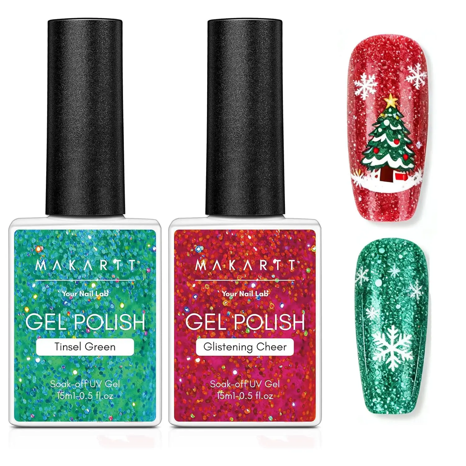 

Makartt Christmas Glitter Gel Nail Polish Set - 2 Pcs 15ml Shimmer Gel, UV Soak Off for Nail Art Design, DIY Home Salon Manicure