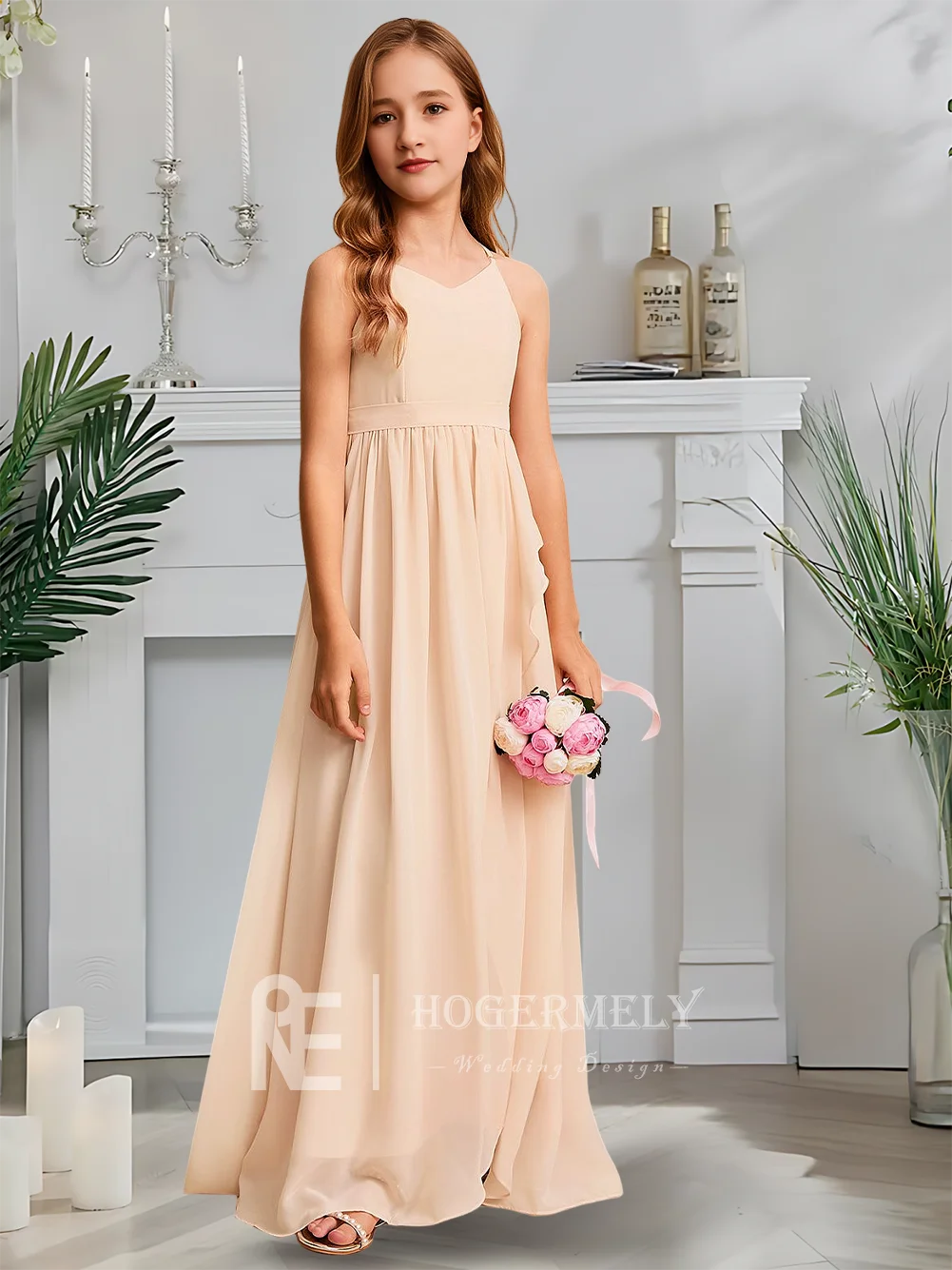 Luxuriöses Junior-Brautjungfernkleid mit V-Ausschnitt, Twilight Blush, Blumenmädchenkleid, A-Linie, Chiffon, bodenlang, für Garten, Gala, Hochzeit, Party