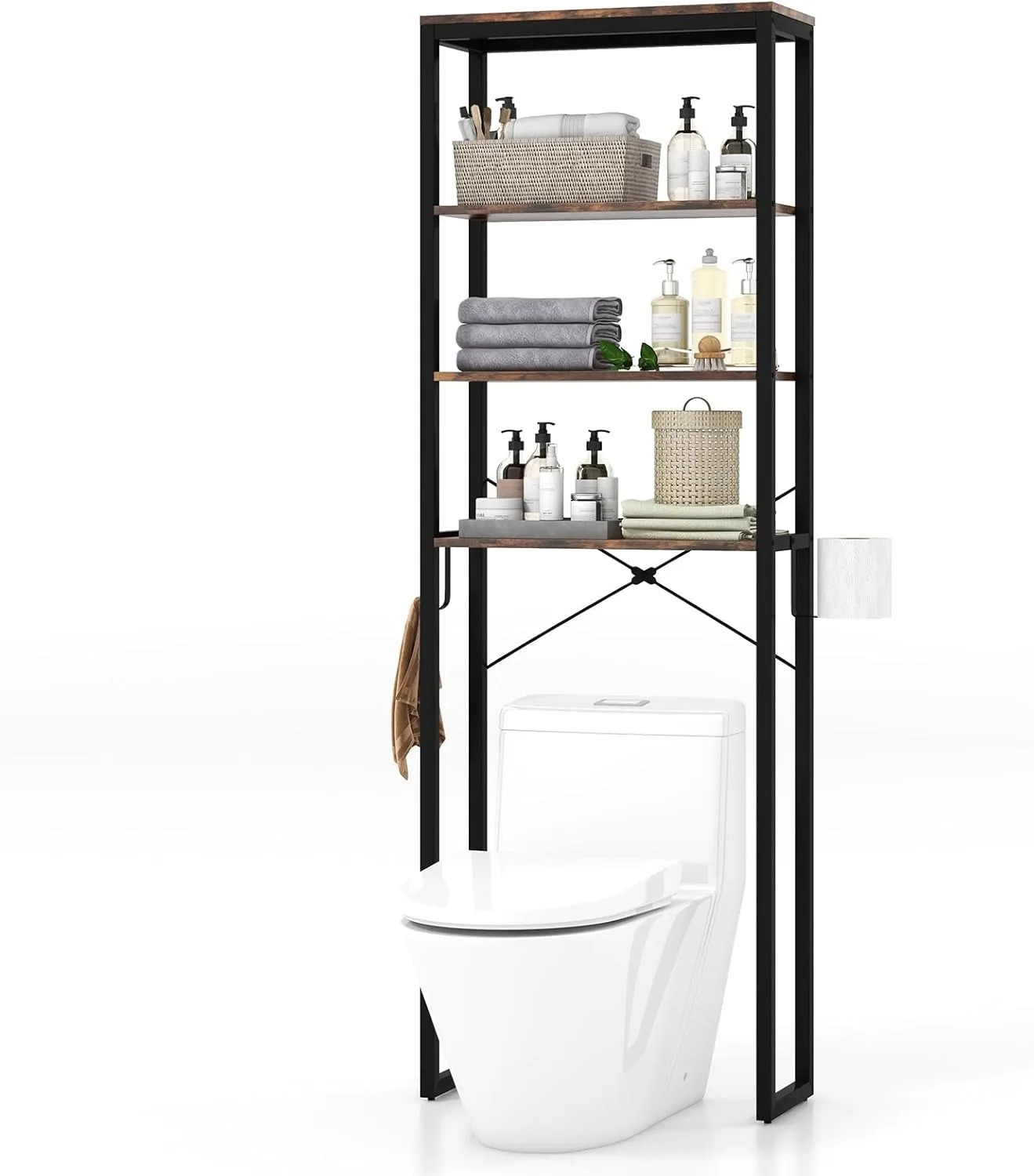 

Bathroom Over The Toilet Storage Rack, 4-Tier Industrial Organizer Shelf with Toilet Paper Holder & Hook, Multifunctional F