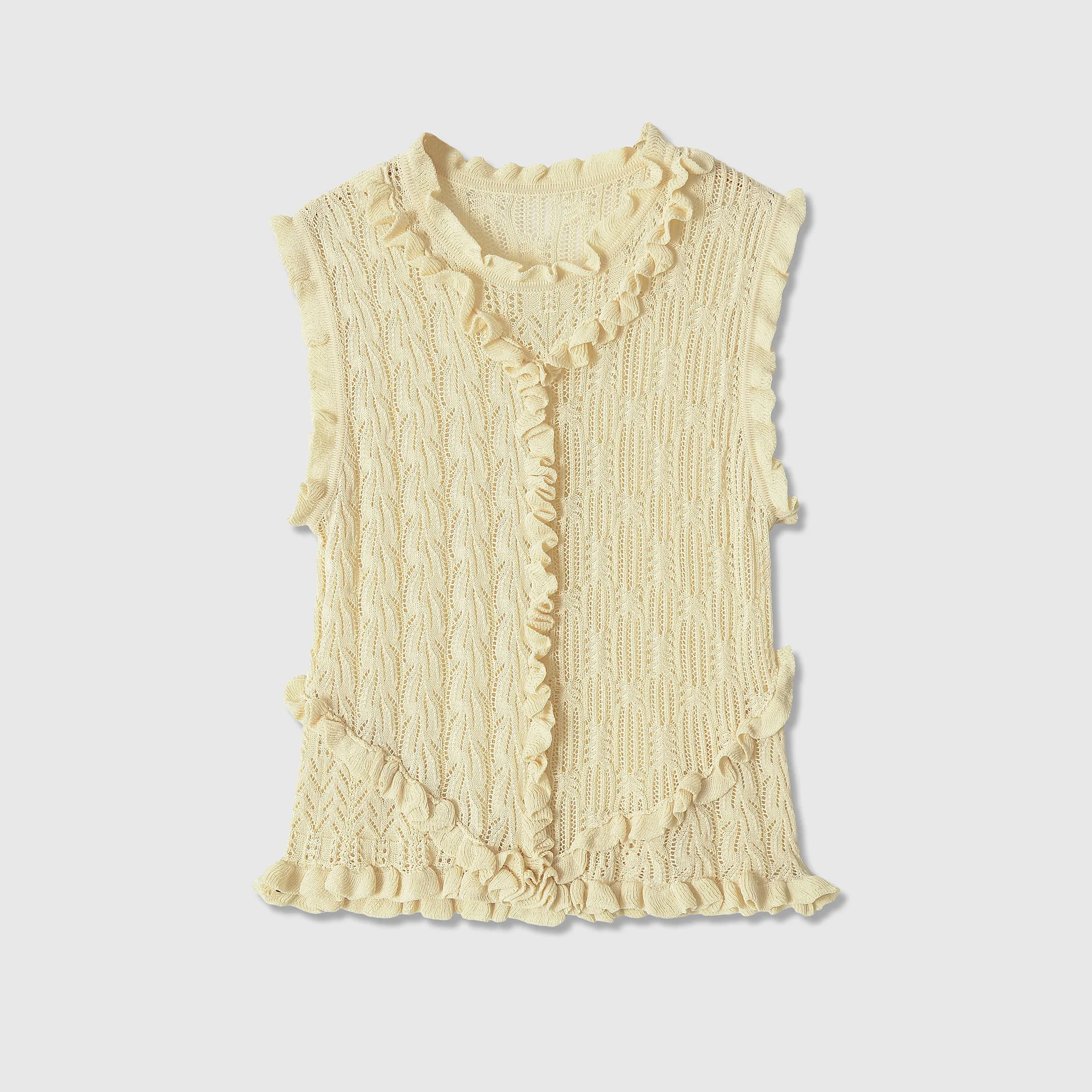 French Style Knitted Top Women Chic Ruffle Trim Sweaters Fashion Hollow Out Slim Waistcoat Sweet Cropped Blouses Clothing 2026