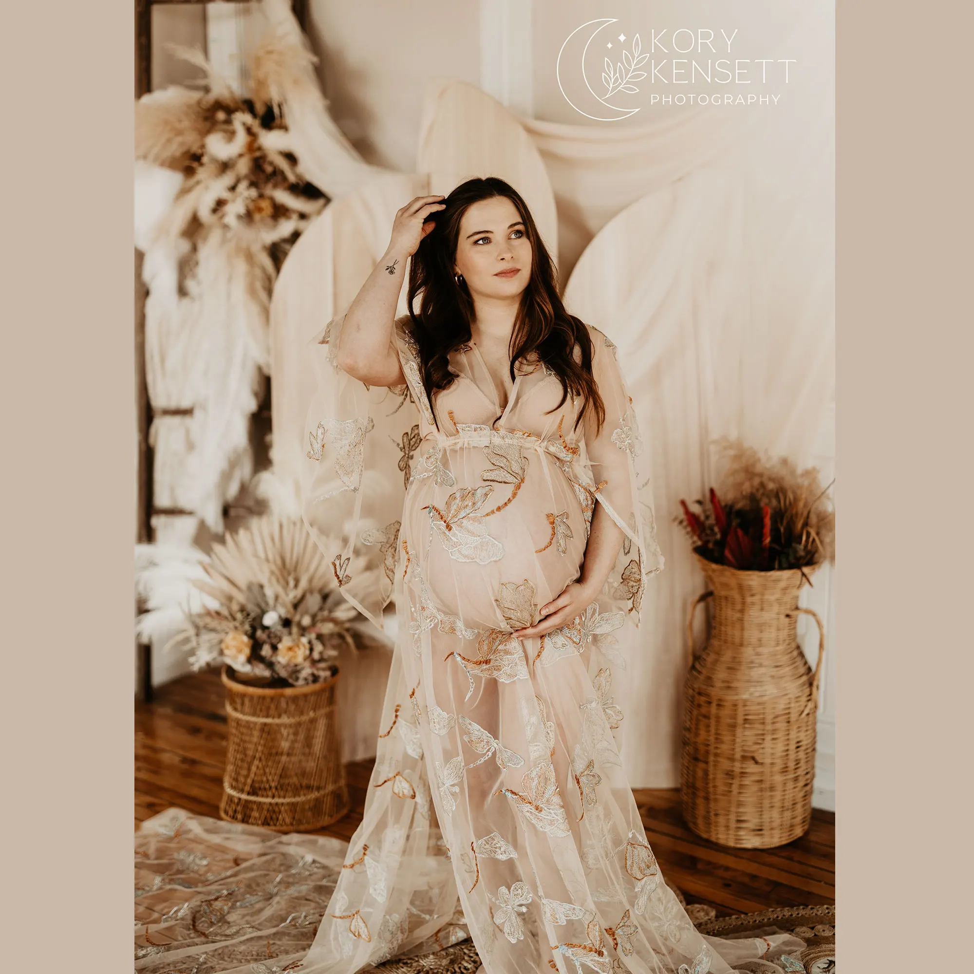 Don&Judy Deep V-Neck Flutter Sleeve Butterfly Embroidered Sheer Tulle Flowy Maternity or Non-maternity Dress  with Train