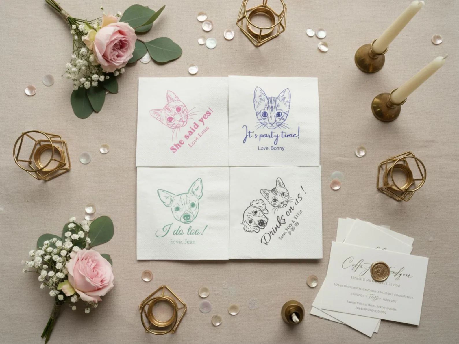50pcs Custom Pet Portrait Wedding Napkins: Hand-Drawn Dog & Cat