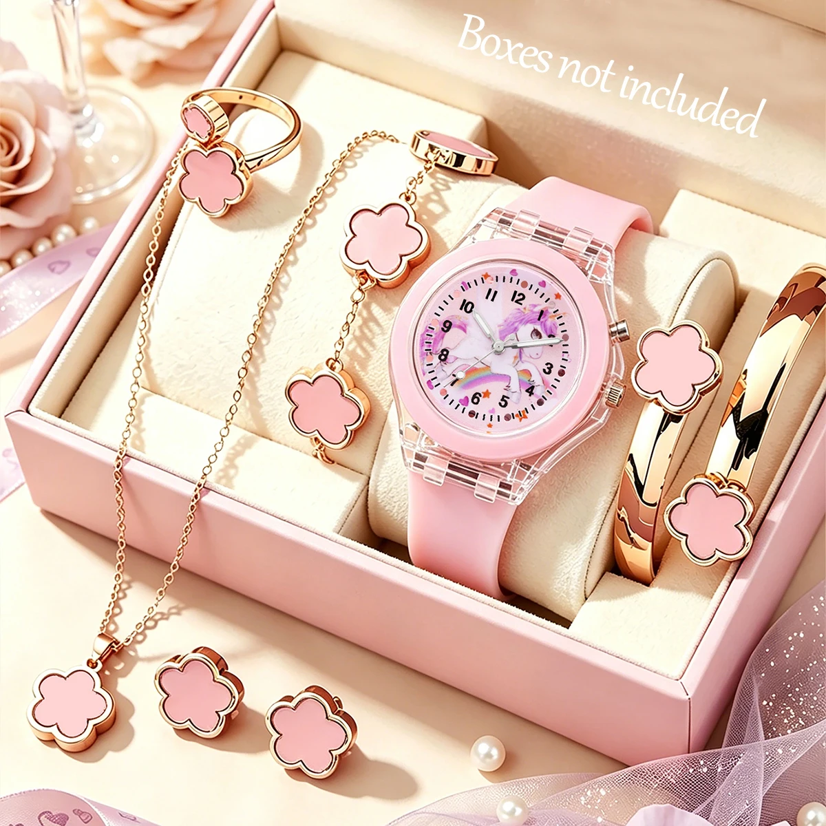 7-Piece Set, Cute Casual Rainbow Pony Pattern Luminous Quartz Watch for Girls, Paired with Lucky Five-Flower Jewelry, Suitable for Daily Casual Wear, Holiday or Birthday Gift.