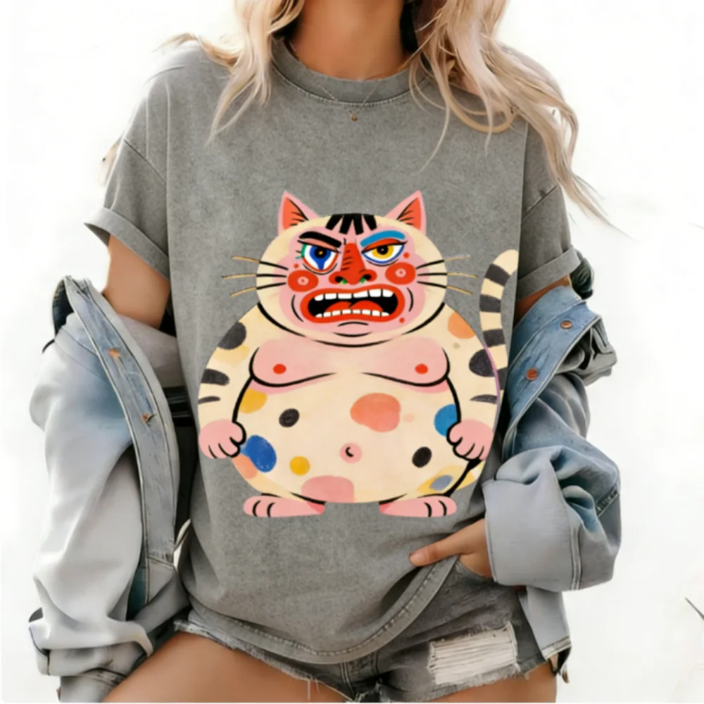 تي شيرت برسومات قطة سمينة مرحة، قماش مغسول، قمة كاجوال مريحة، ملابس الشارع الأساسية المريحة، ملابس يومية ناعمة