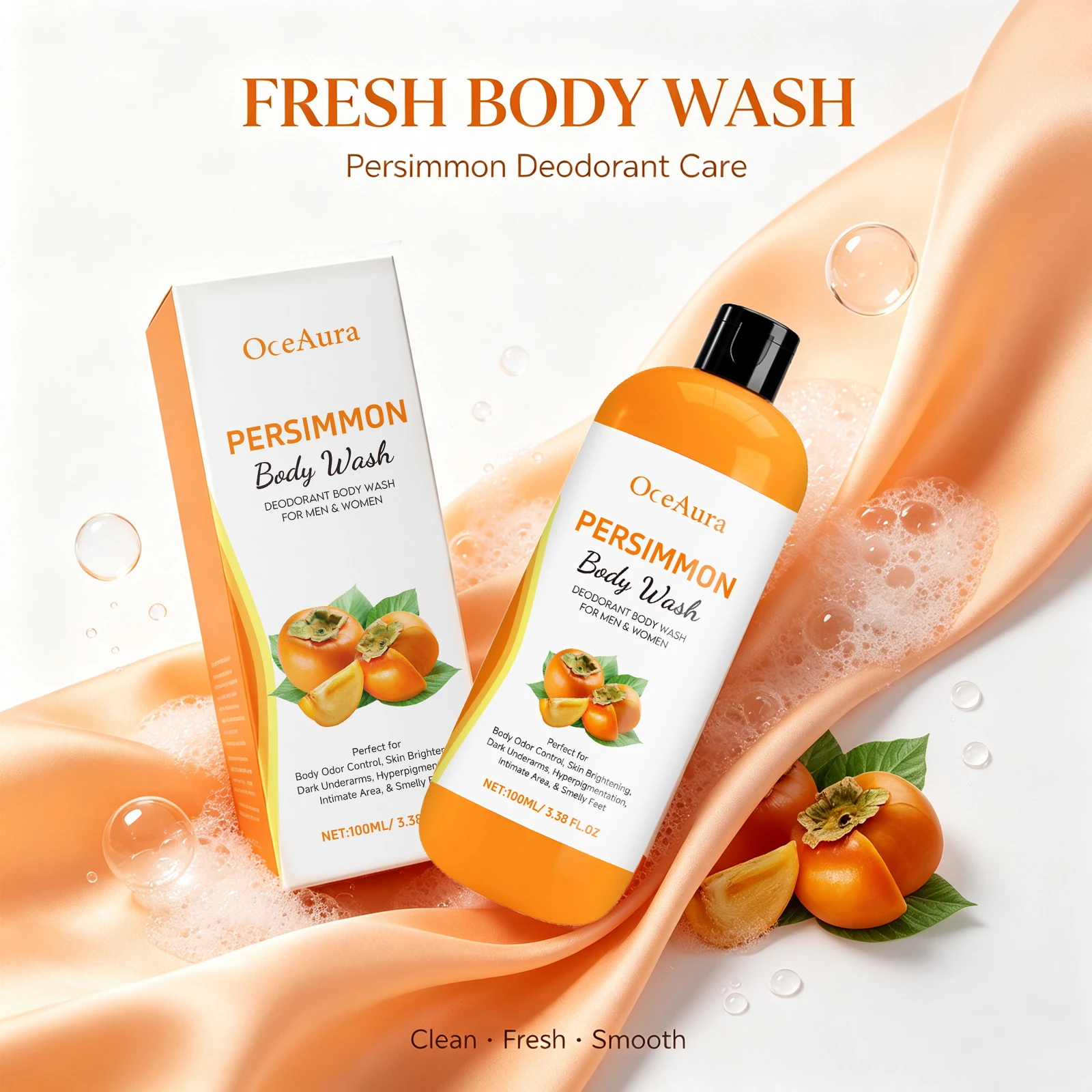 Persimmon Body Wash for Strong Body Odor Eliminator Purifying Deodorizing Moisturising Exfoliating Lightening Skin Whitening Shower Gel