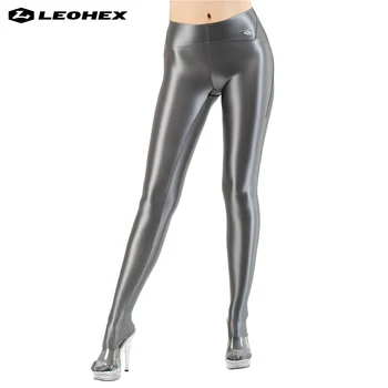 LEOHEX Błyszczące Legginsy z Nogawkami Damskie z Wysokim Stanem Elastyczne Spodnie do Jogi Sexy Kryjące Rajstopy Fitness Trening Bieganie