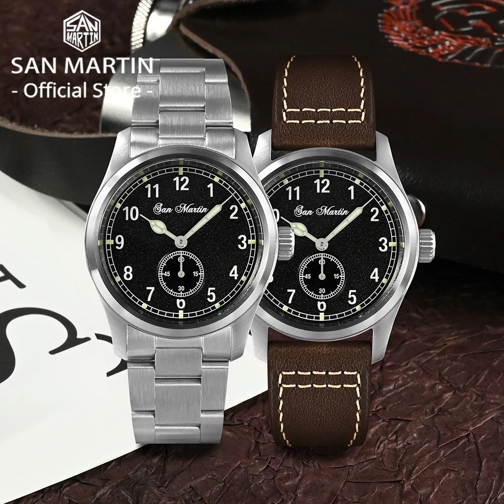 San Martin-Reloj de piloto para hombre, cronógrafo de 37mm, esfera con patrón de fuego, estilo militar Simple, movimiento de cuarzo, 10 Bar,