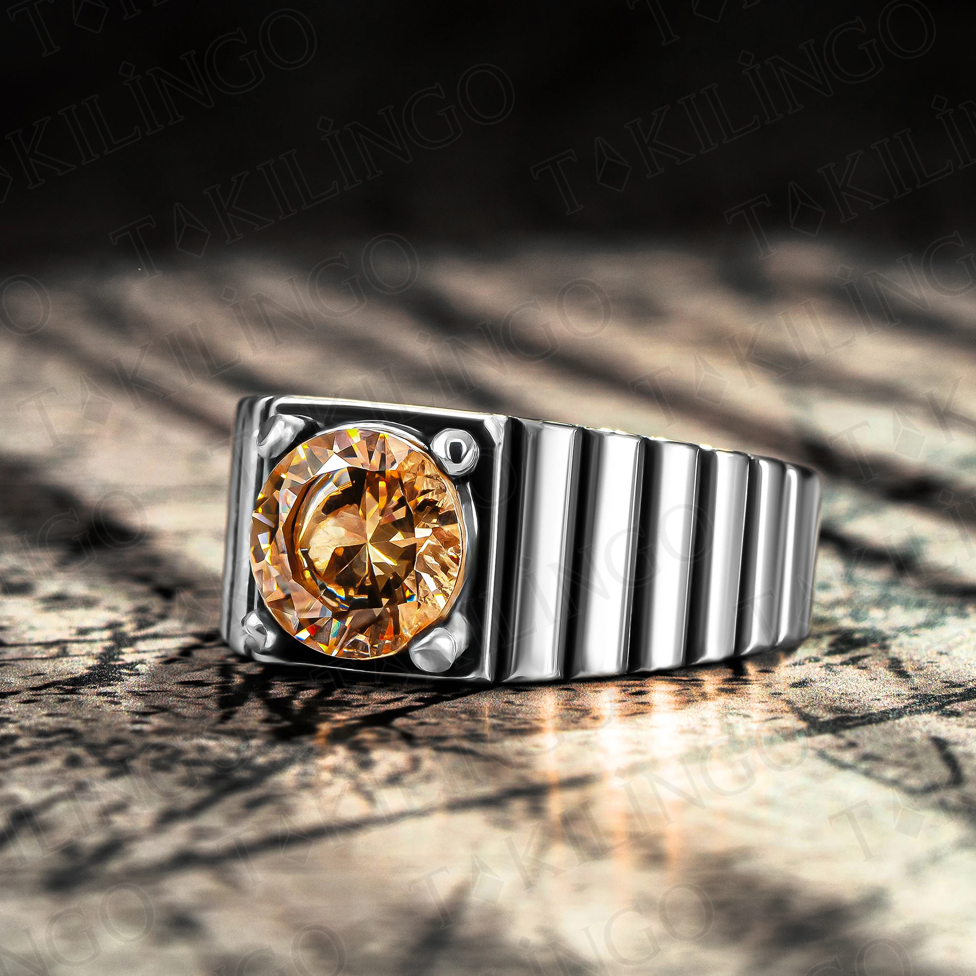 

Elegant Turkish S925 Sterling Silver Orange Citrine Stone Men's Ring