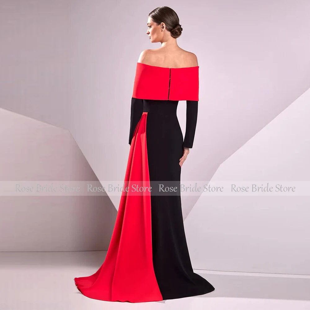 Vestido do convidado do casamento com garfo dianteiro drapeado, vestidos longos de cetim, cor do contraste, vermelho e preto, ocasião especial