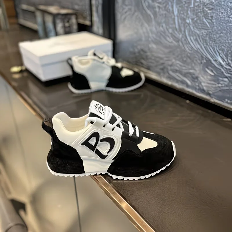 

2026 New Men's Black White Color Block Chunky Sneakers Platform Casual Dad Shoes