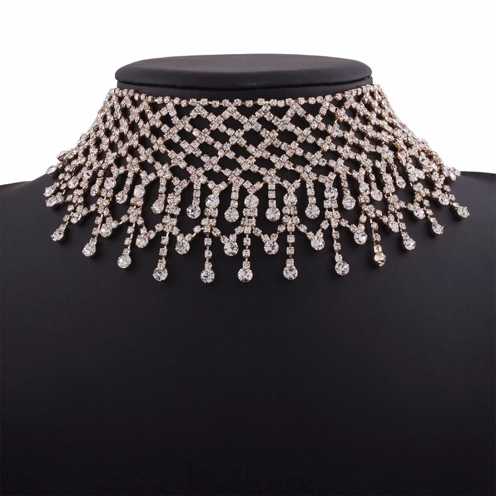 Crystal Rhinestone Tassel Choker Necklace for Women Luxury Neck Tassel New Statement Accessories Crystal Neckalces Party Jewelry