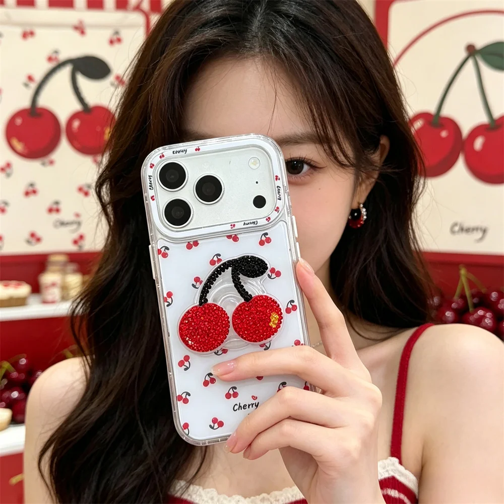 Korean INS Cute Cherry Phone Case for iPhone 15 Pro 15 16 17 16 Pro 17 Max Case With Diamond 3D Cherry Stand Shockproof Cover