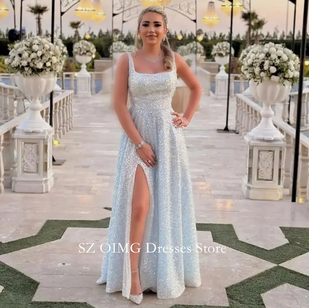 

OIMG Dubai Mordern Regular Straps Prom Dresses Sequined High Side Slit Dress Women Evening Gowns Formal Fitted Party Dress