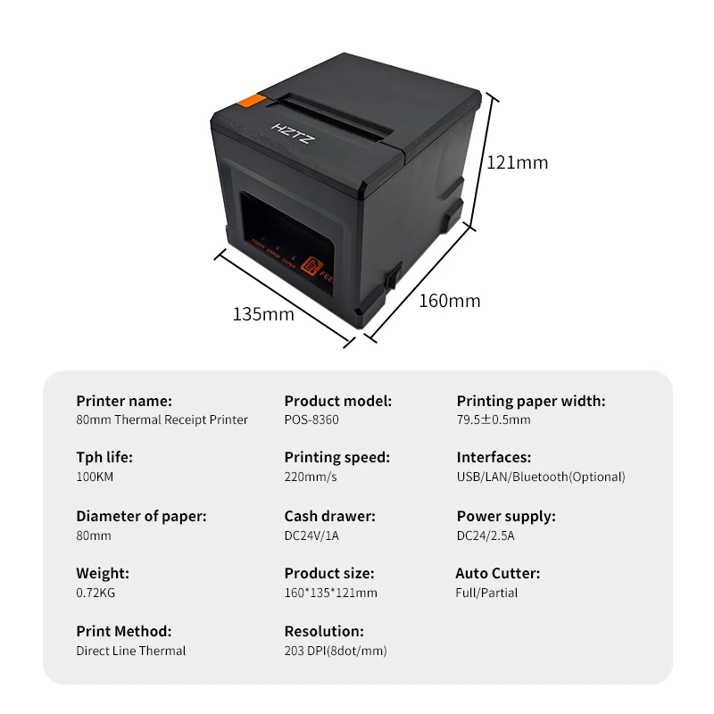 HZTZ 80mm Thermal Receipt Printer HZ-8360 Automatic Cutter Restaurant Kitchen POS Printer USB LAN Bluetooth