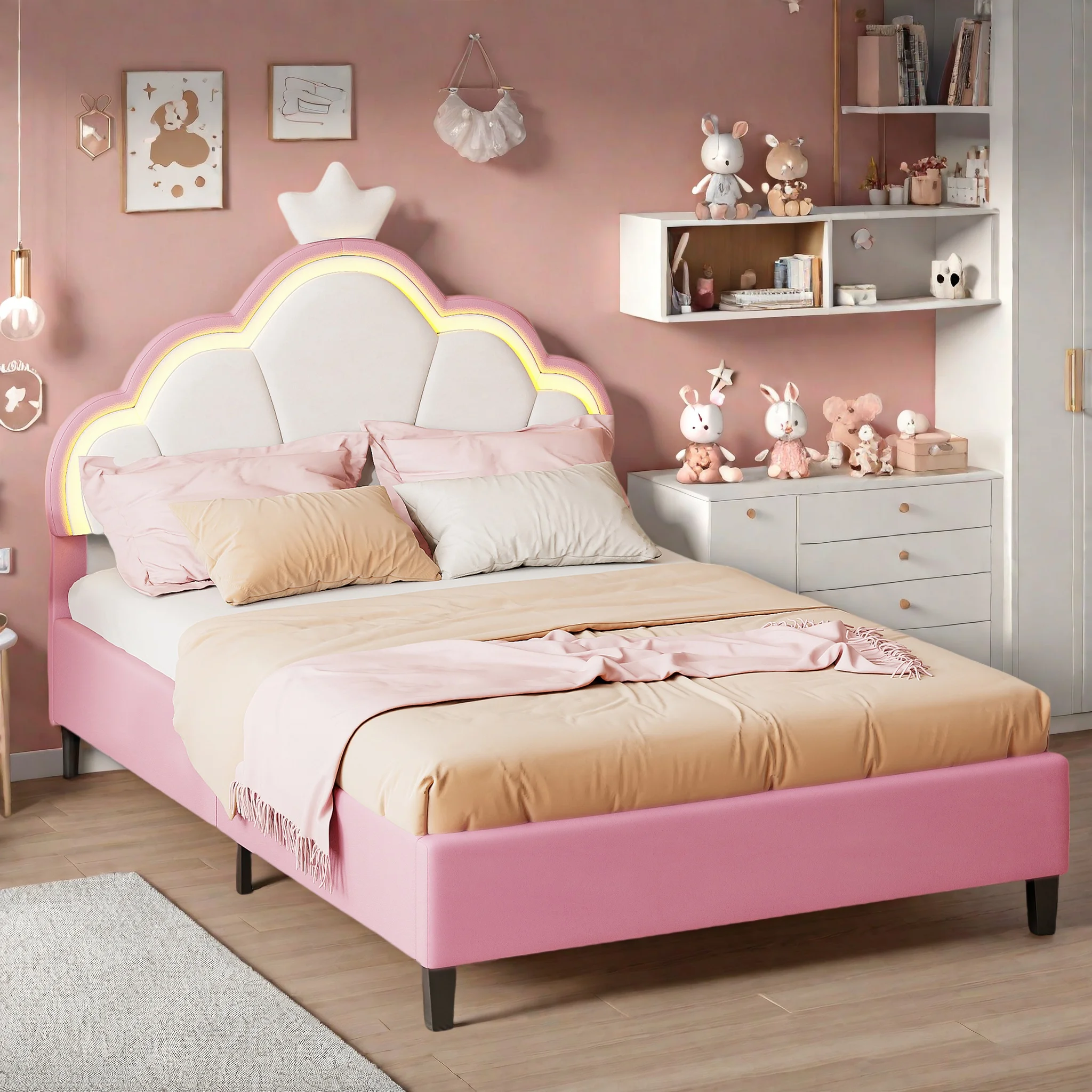 Rosahqnda Letto per bambini Letto singolo imbottito Illuminazione a LED Letto per ragazze principessa Testiera Crown Blossom a doghe
