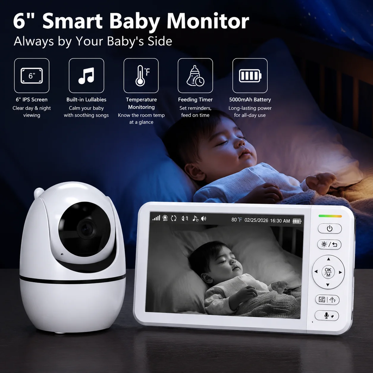Moniteur vidéo pour bébé de 6 pouces avec caméra, fonction de panoramique, d'inclinaison et de zoom, babyphone, vision nocturne, mode VOX, caméras de surveillance, capteur de température