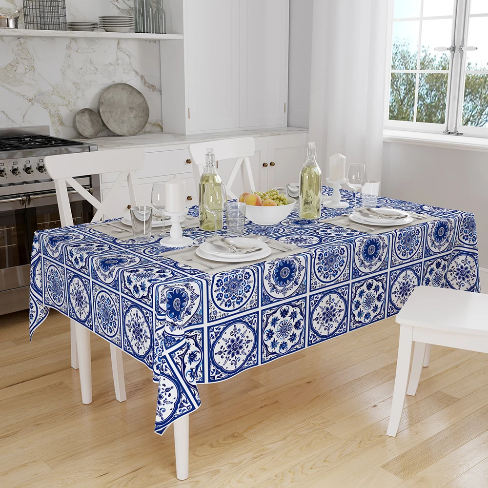 Turkish Geometric Retro Blue White Tile Design Printed Rectangular Table Cloth Table Cover for Wedding Party Dinning Table Decor