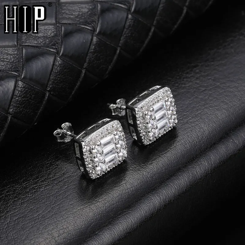 Feel Style 1 Pair Square Baguette Cubic Zircon Earring Bling Iced Out CZ Stone Stud Earrings For Men Women Jewelry