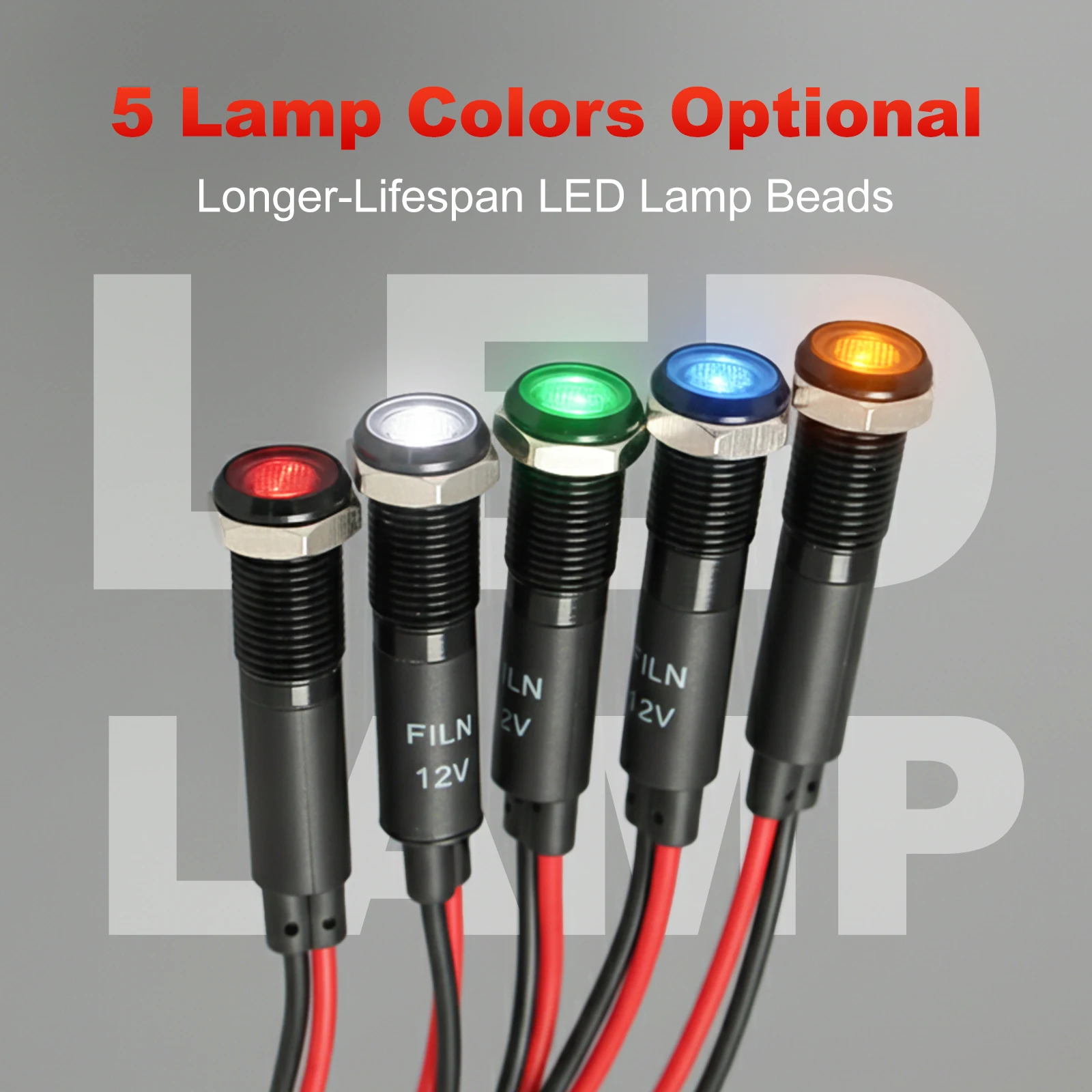 FILN 8mm Metalowa Lampka Sygnalizacyjna LED 12-24V/110-220V Wodoodporna Przewodowa Czerwona/Zielona/Niebieska do Samochodów i Sprzętu Przemysłowego