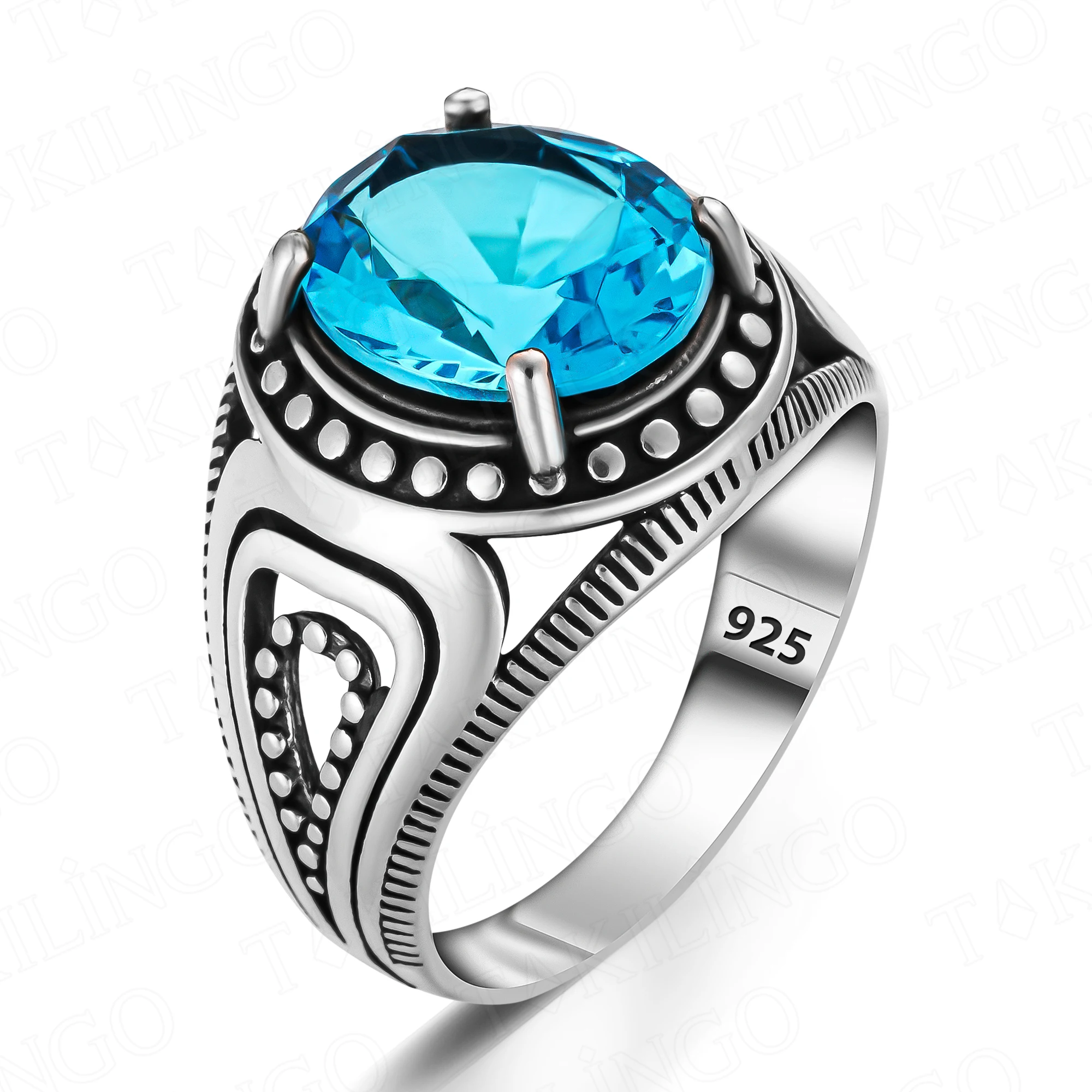 Solid 925 Sterling Silver Blue Topaz Aquamarine Stone Men's Ring