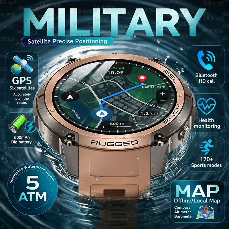 Montre connectée militaire GPS 2026 pour hommes, écran AMOLED 1,43'', appels Bluetooth, boussole, étanche 5ATM, batterie 500mA, plus de 170 modes sportifs, carte hors ligne pour activités de plein air, compatible Android et iOS.