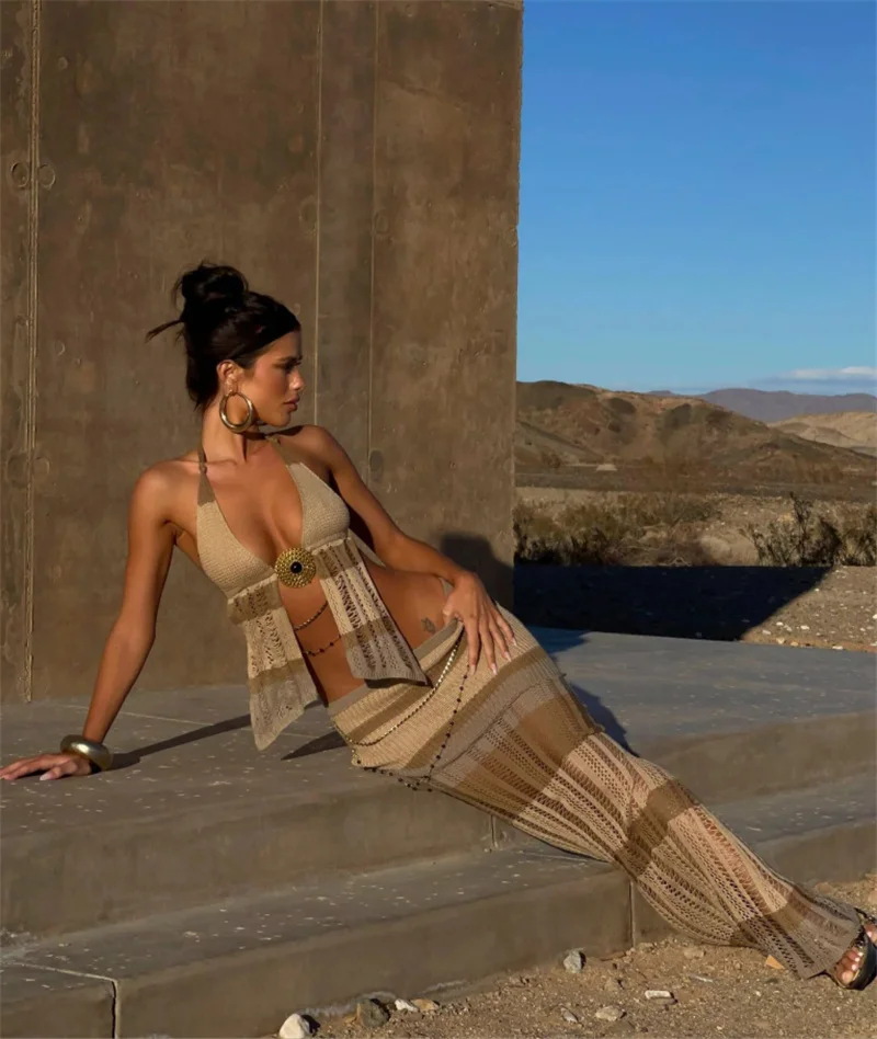 Costume da bagno da spiaggia sexy in maglia a righe senza schienale con scollo all'americana e gonna a vita alta Costume da bagno scavato avvolgente per bikini all'uncinetto