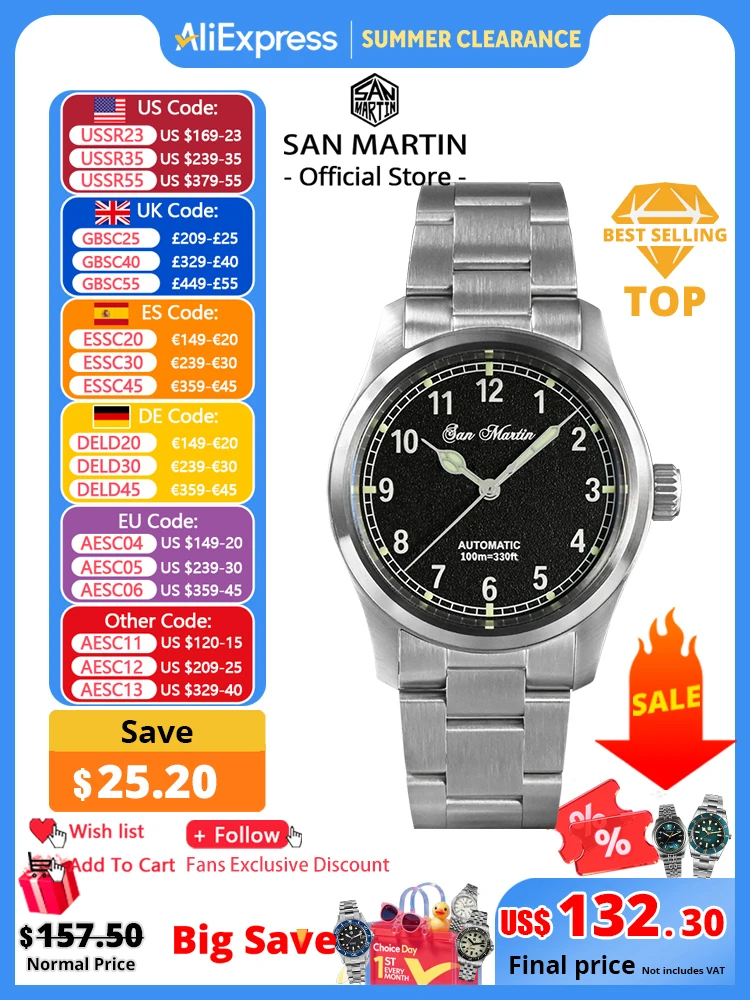 San Martin – montre pilote pour hommes, montre à Quartz de 37mm, montre de terrain militaire, Style Simple, RONDA 715/6004, montre-bracelet 10 bars lumineuse, SN0034
