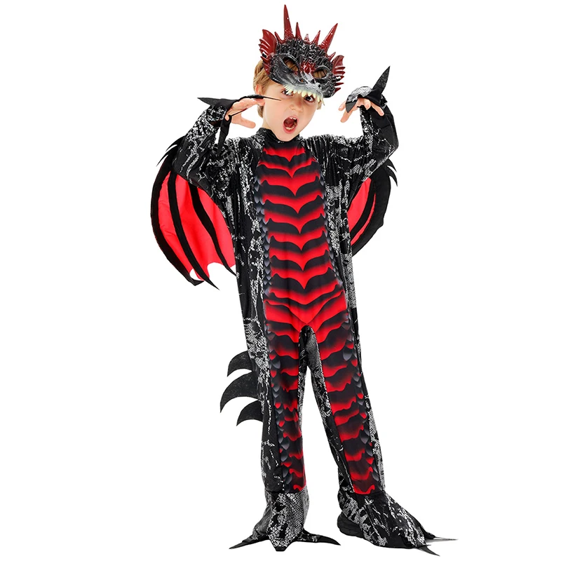 

Red Dragon Jumpsuit for Kids Halloween Carnival Party Costume With Wing Tail Mask Child Boys The Fire Dragon Knight Costume