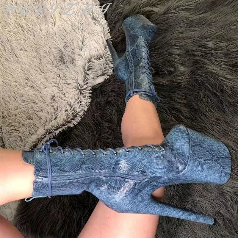 

20cm Snake Print Sexy Women Pumps Cross Strap Super High Heel Lady Boots Lace Up Zipper Thick Sole Pole Dance Shoes Large Size