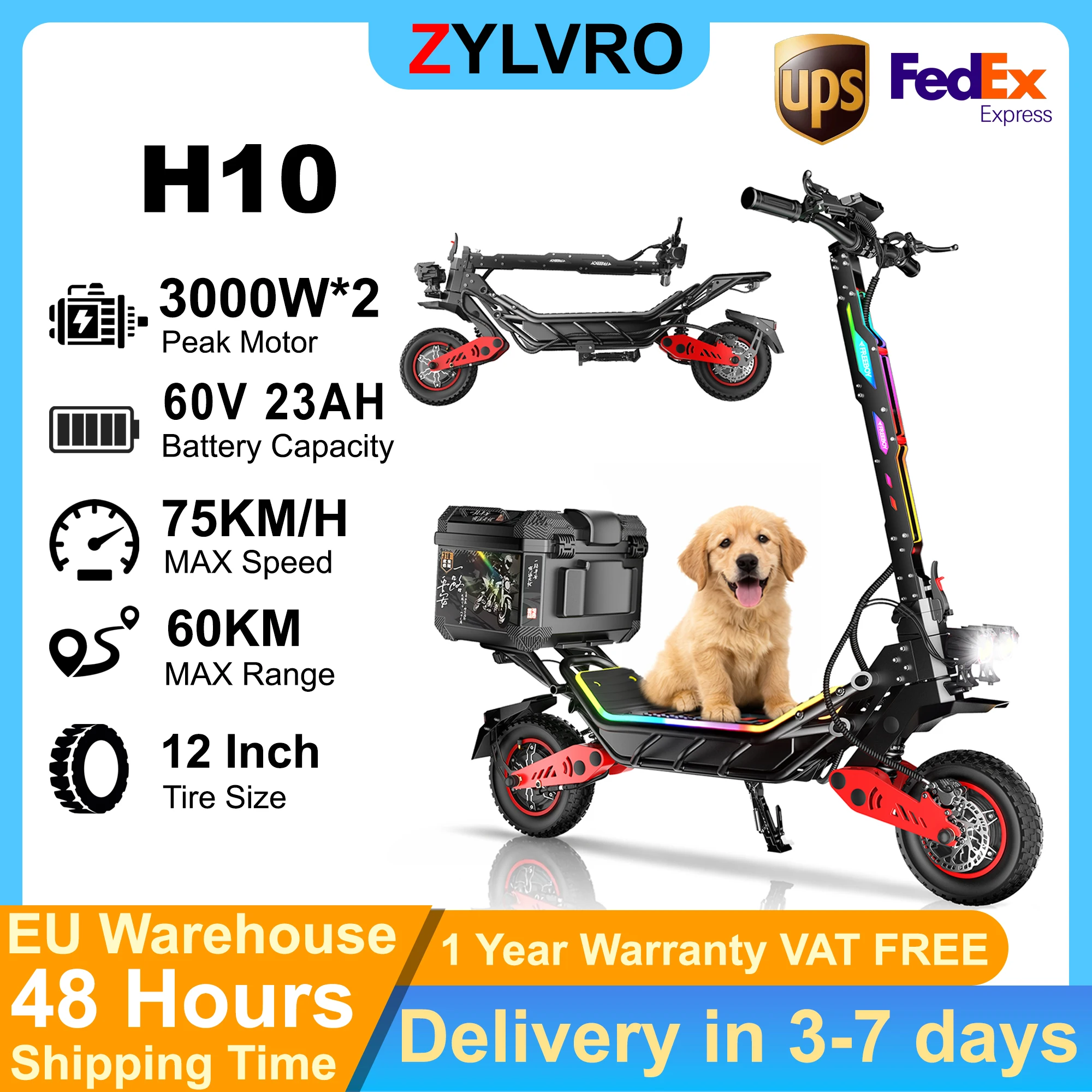 ZYLVRO H10 E-Scooter mit Box, 6000W Doppelmotor, 60V 23Ah Batterie, 12“ Fat Tire, Vollfederung, Hydraulische Bremsen, Höchstgeschwindigkeit 75km/h, maximale Reichweite 60km.
