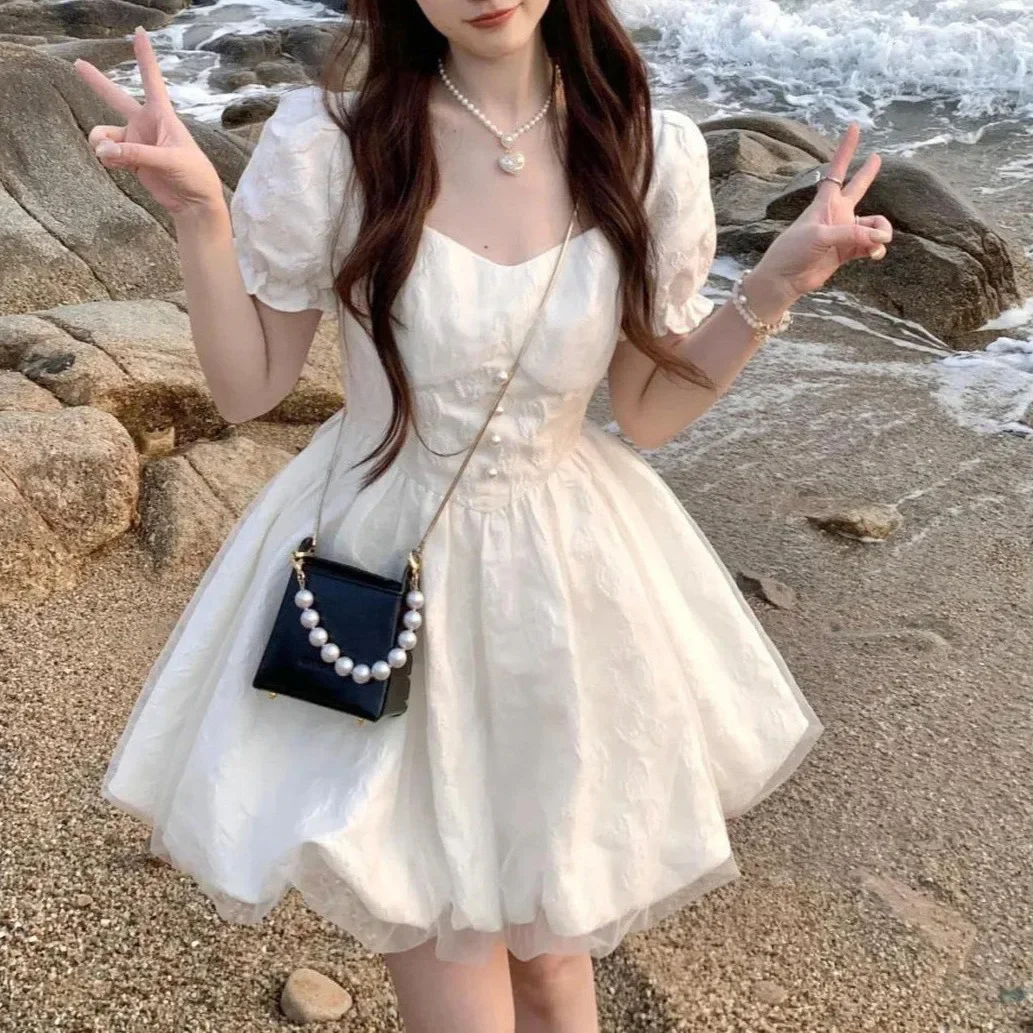 CGC – robe courte blanche Vintage à manches bouffantes pour femmes, tenue de soirée élégante, mode coréenne, Kawaii, Lolita, été