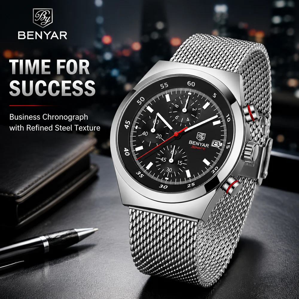 BENYAR Top Luxury Brand Men's Business Leisure Watch Mesh Band Quartz Timing Men's Watch 30 Meter Waterproof