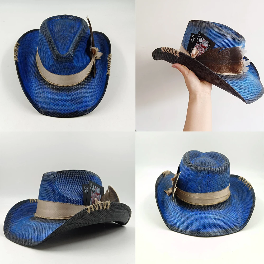 Cowboy Hat Summer Straw Hat Unisex Cowboy Hat Blue Painted Jazzy Cowboy Straw Hat Wide Brim Hat Party Cowboy Hat