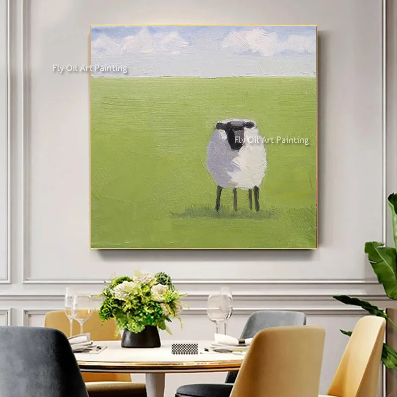 Nordic Style Beautiful Landscape Canvas Painting Abstract Hand Painted Lamb Green Grassland Sky Oil Painting Natural Wall Decor
