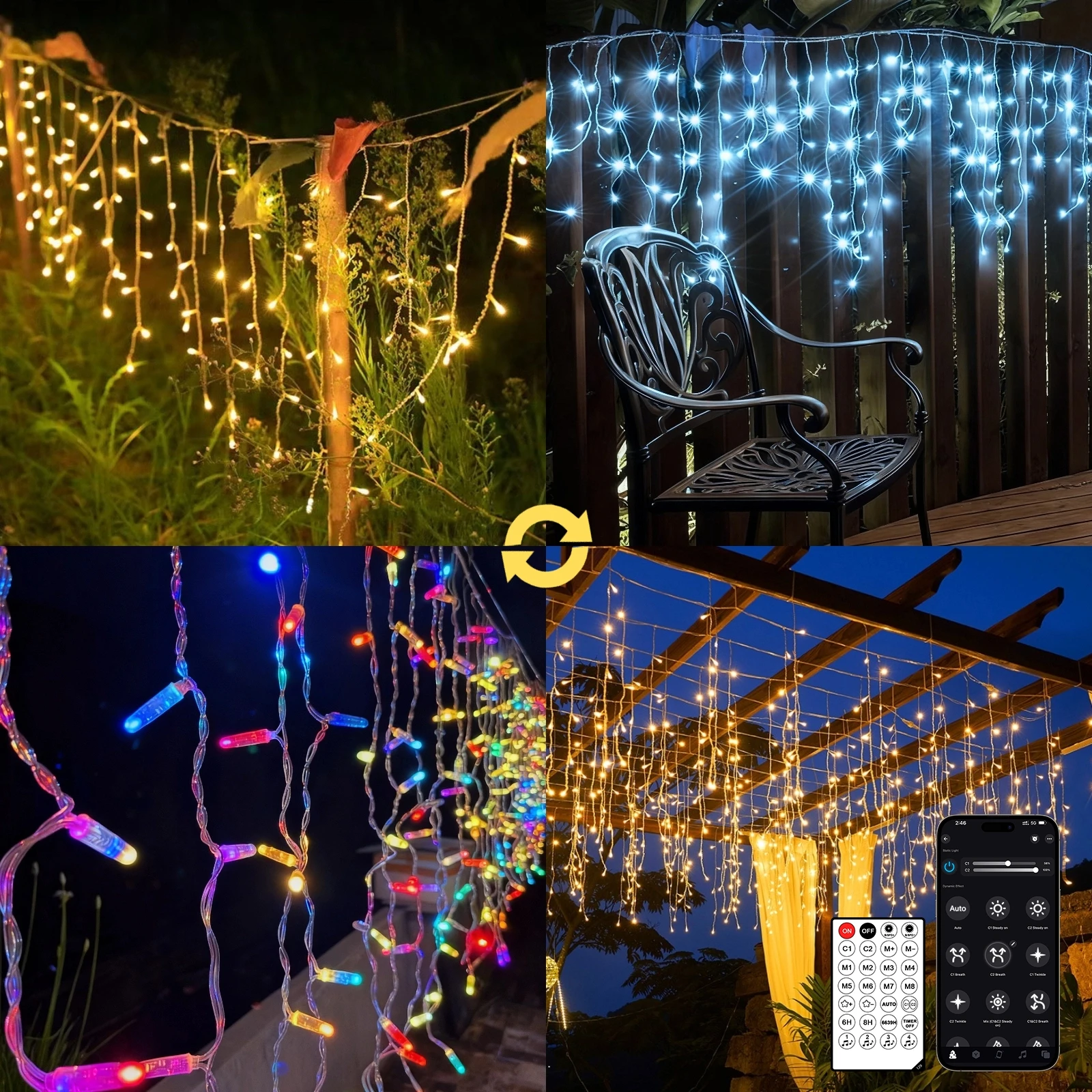Catena LED a stalattite per Natale 5/10/15/30/45 m, 200-1800 LED, bianco caldo/freddo o multicolore, APP + telecomando, modalità musica, timer, dimmerabile, IP65 da esterno, con ganci e fascette
