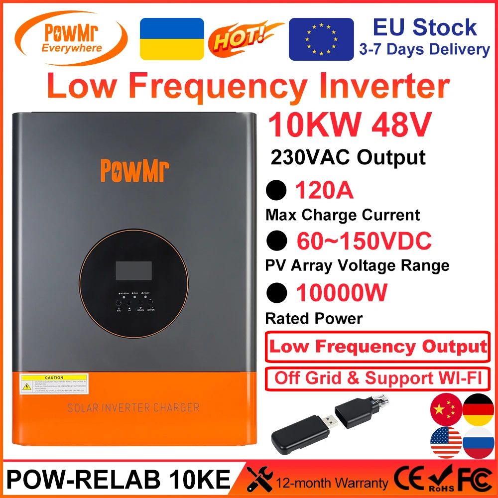 PowMr Low Frequency 10KW Hybrid Solar Inverters 48V to 220VAC 3-Times Power Output With 120A MPPT Solar Controller 60-150V Panel