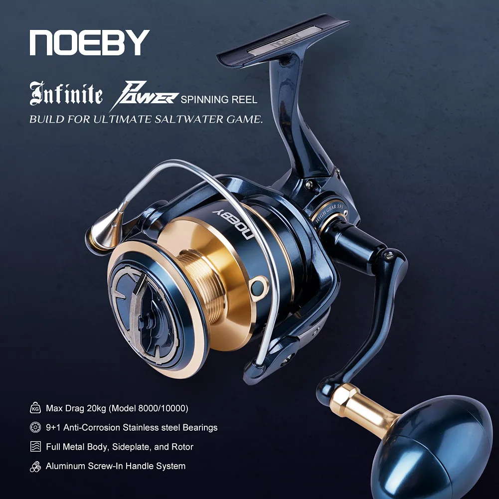 

Noeby Infinite Power Spinning Fishing Reel 8000H 10000H 5.9:1 Aluminum Max Drag 20kg Full Metal Body Saltwater Fishing Reels