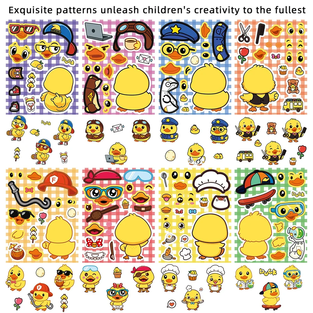 8/16Sheets Cartoon Cute Little Yellow Duck Toy Puzzle Sticker Face Changing Decoration DIY Sticker Waterproof Children’s Gifts.