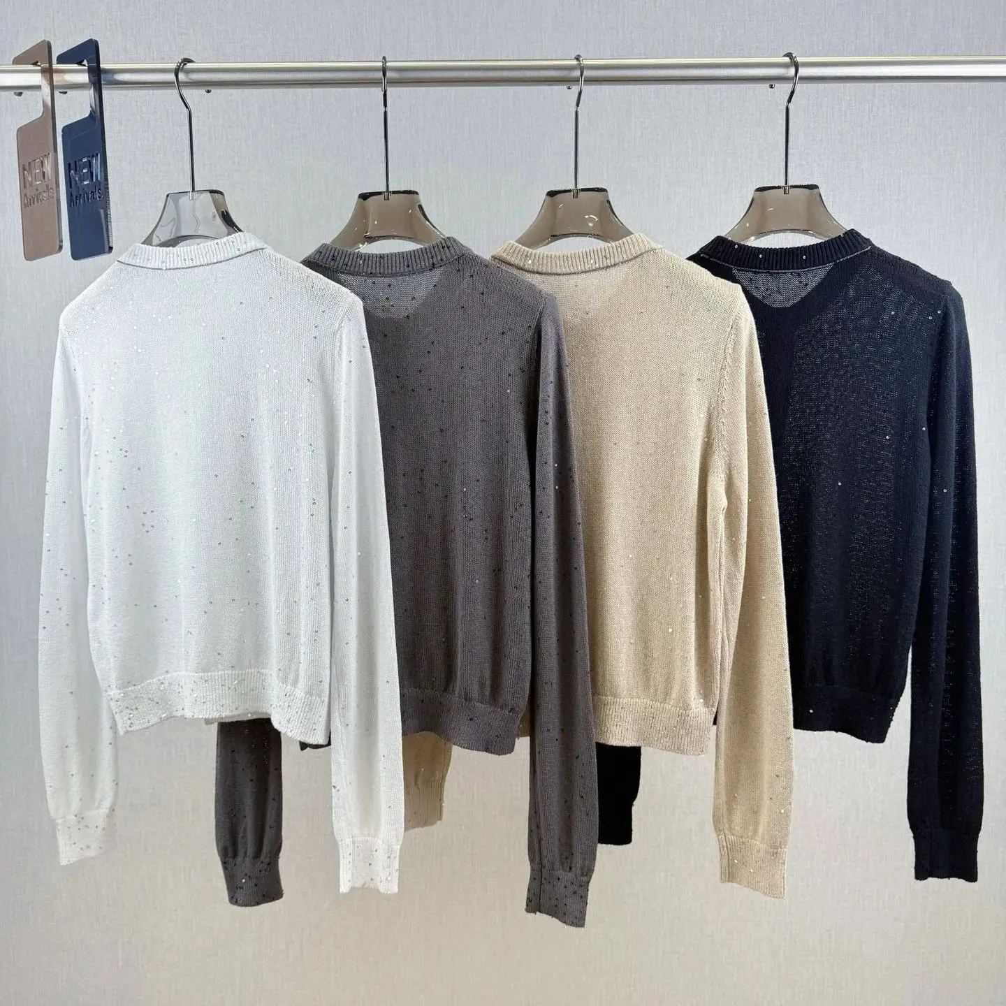 เสื้อคาร์ดิแกนถักผ้าลินินแขนยาวคอกลมสีทึบของผู้หญิง