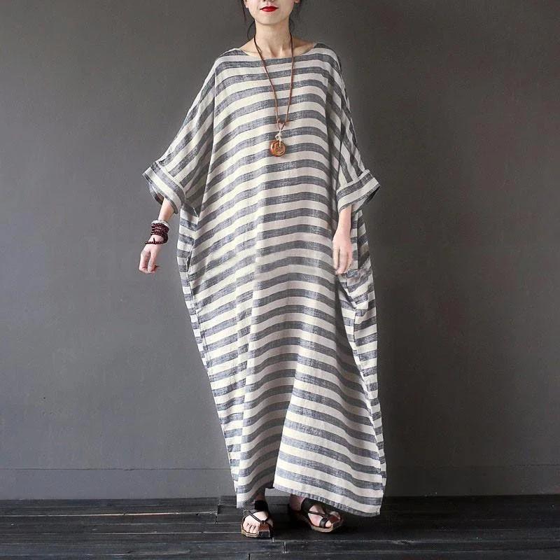 Damska bawełniana lniana sukienka w paski 2025 Letnia luźna sukienka w dużym rozmiarze 4XL 5XL Maxi Dress robe femme Casual Long Boho Kaftan Muslim Dress — zdjęcie 2