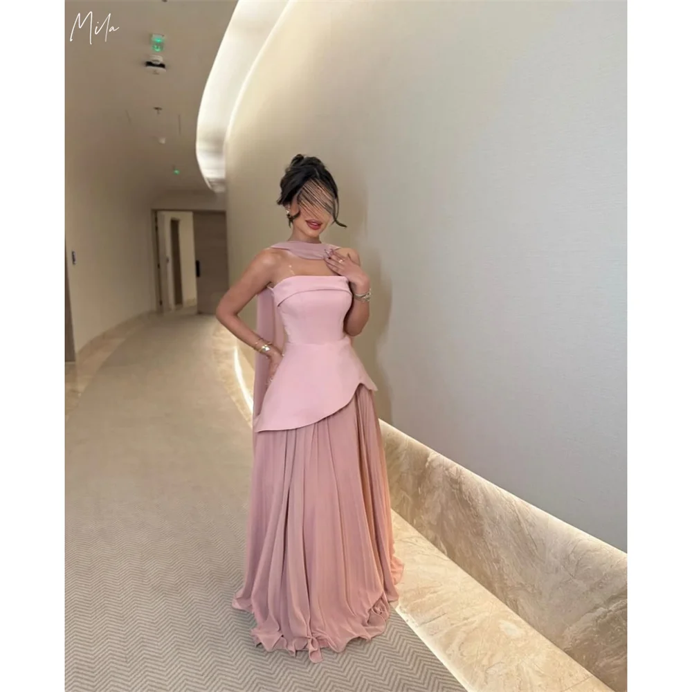 

Mila Pink Strapless A-Line Pleated Vestidos De Fiesta Detachable Shawl Satin New In Dresses Customized Floor-Length Prom Dresses