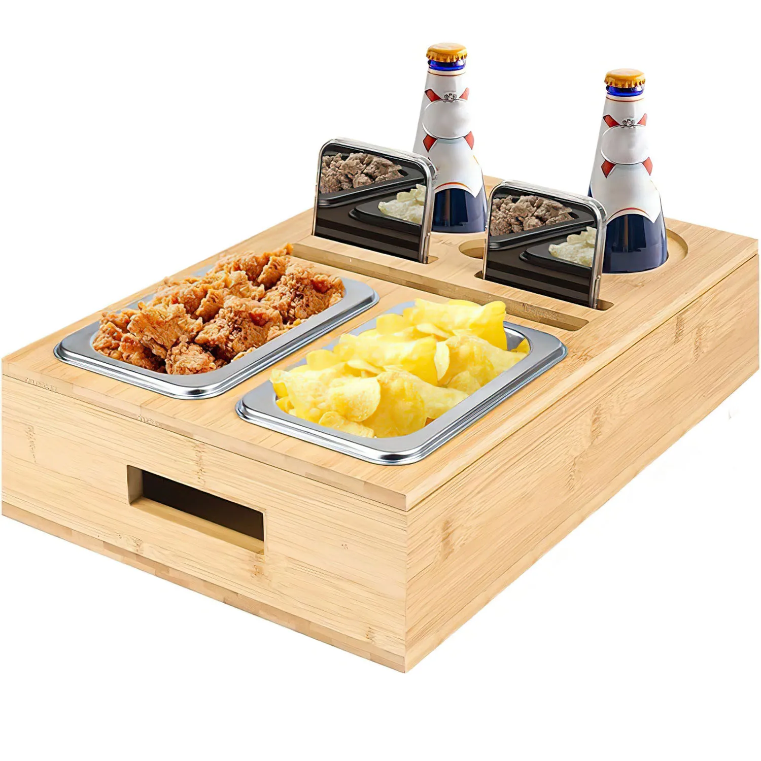 Bambus-Snack-Tablett mit 2 Schalen, 2 Getränkehaltern & Handy-Ständer – praktischer Couch-Organizer für Nüsse, Chips, Gläser & Fernbedienungen – mit seitlichen Tragegriffen