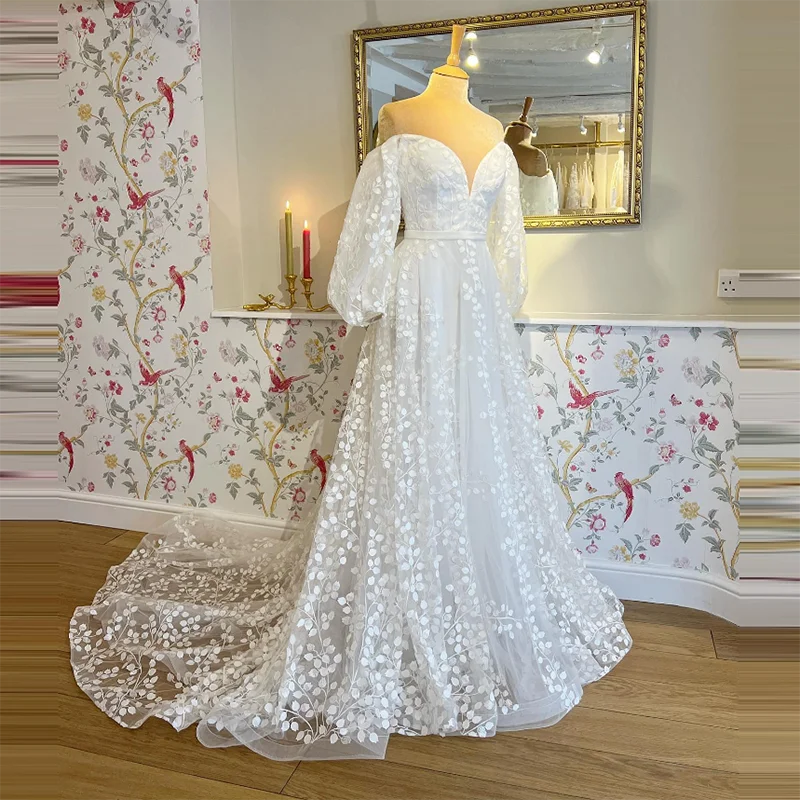 

Floral Princess Lace Wedding Dress Puffy Long Sleeve Civil Bridal Dresses A-Line Sweetheart Boho Wedding Gowns Vestidos De Novia