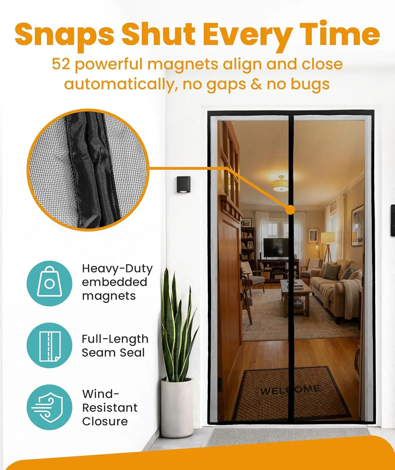 Magnetic Screen Door - Bugs Out, Breeze in - 9min Install Auto-Sealing Heavy Duty Double Stitched Mesh, 52 Magnets, Hands Free Sliding & Patio Doors Net, Pet & Kid Friendly